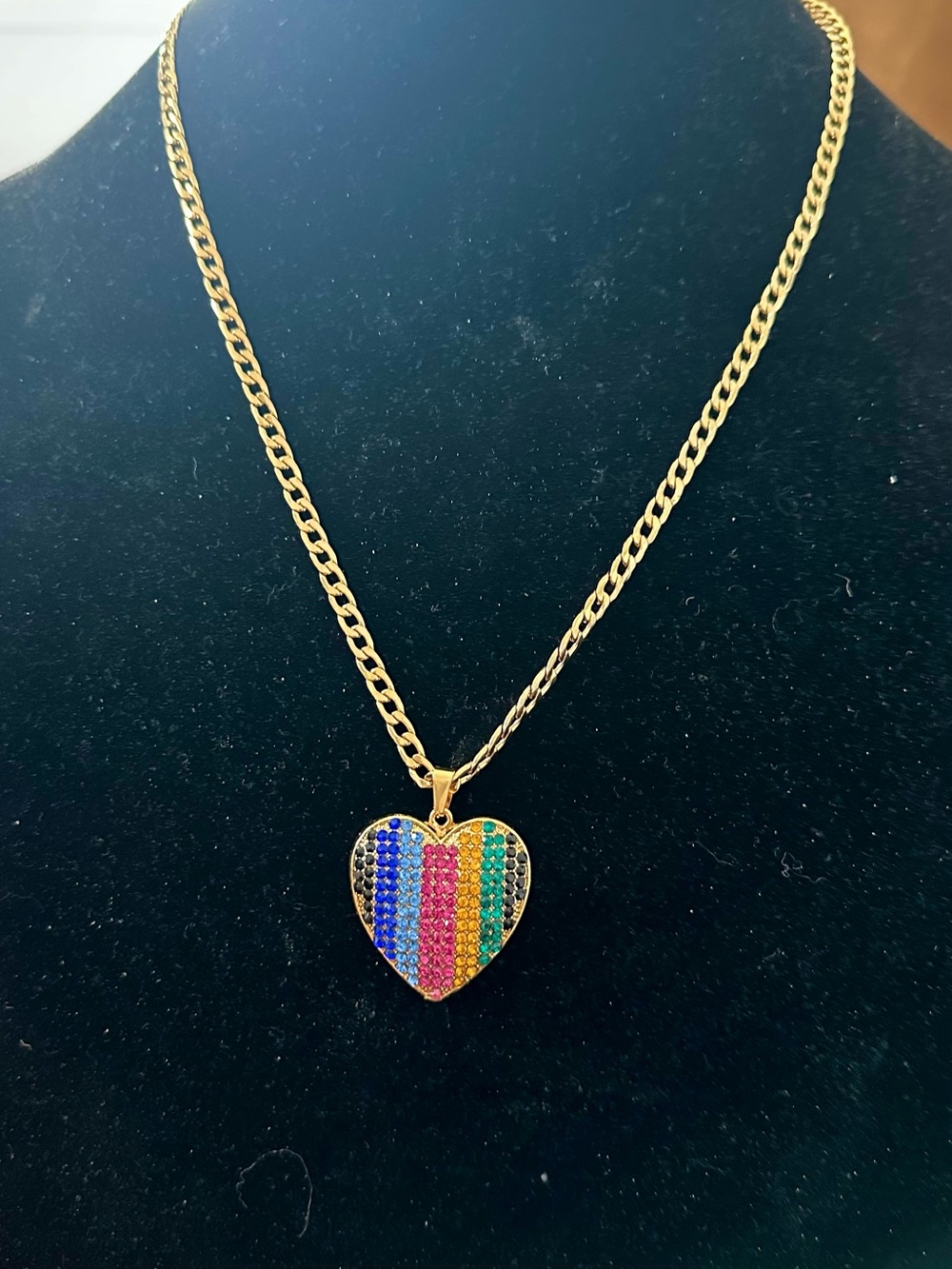 Gold Heart Pendant Necklace with Multicolor Crystal Stripes